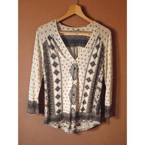 Lucky Brand Boho Peasant Top Large Beige Black Print Tunic Blouse Size Large